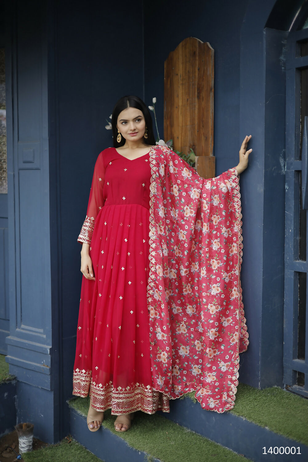 Aayaa Designer Embroidery Zari Sequins-Work Faux Blooming Georgette Suit - Red