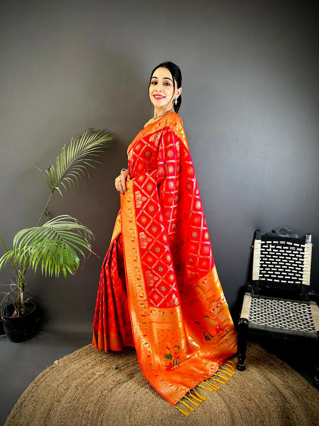 Joban Fashion Red Butti Motifs Soft Silk Patola Saree