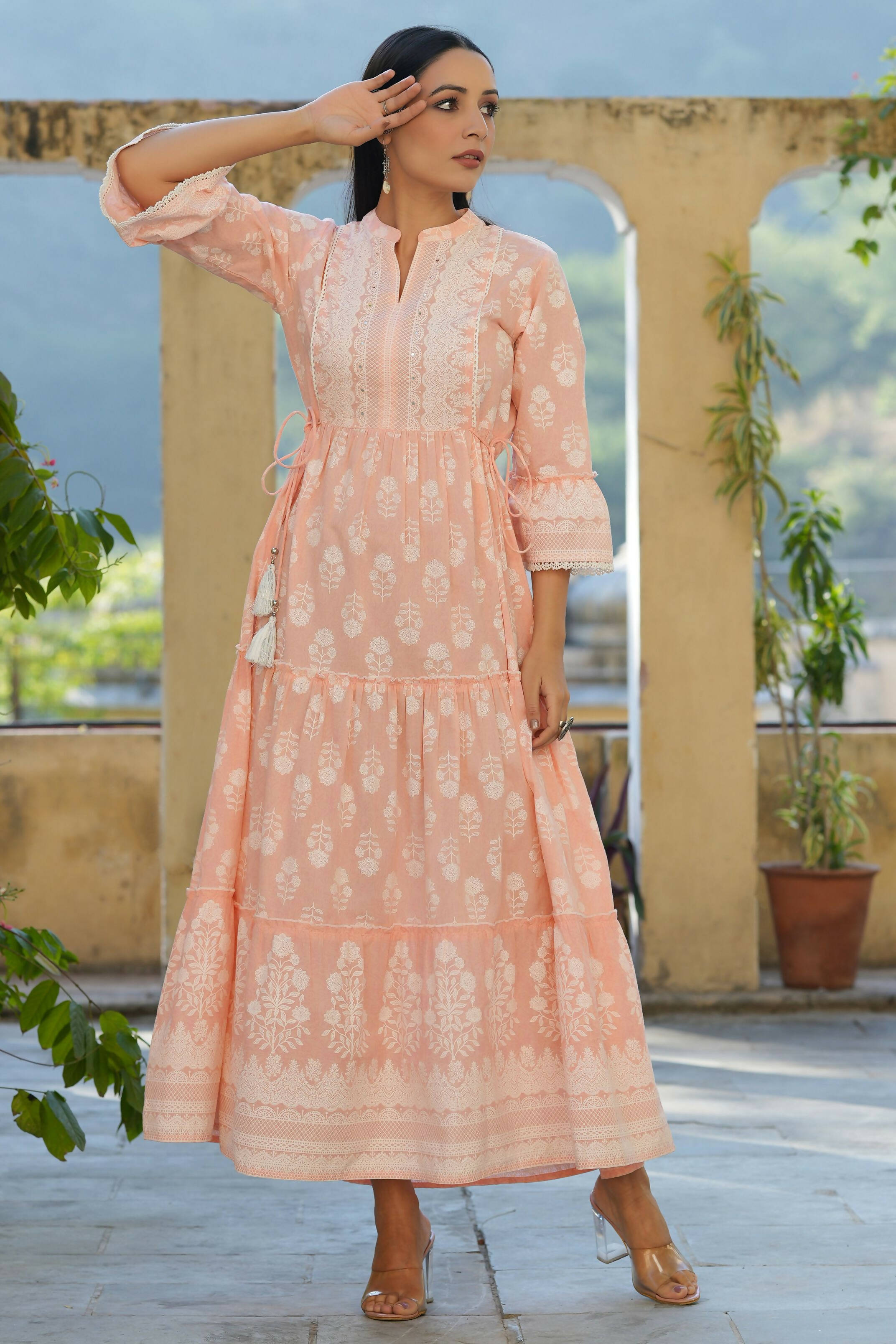 Juniper Women's Peach Cambric Floral Printed Maxi Tiered Dress