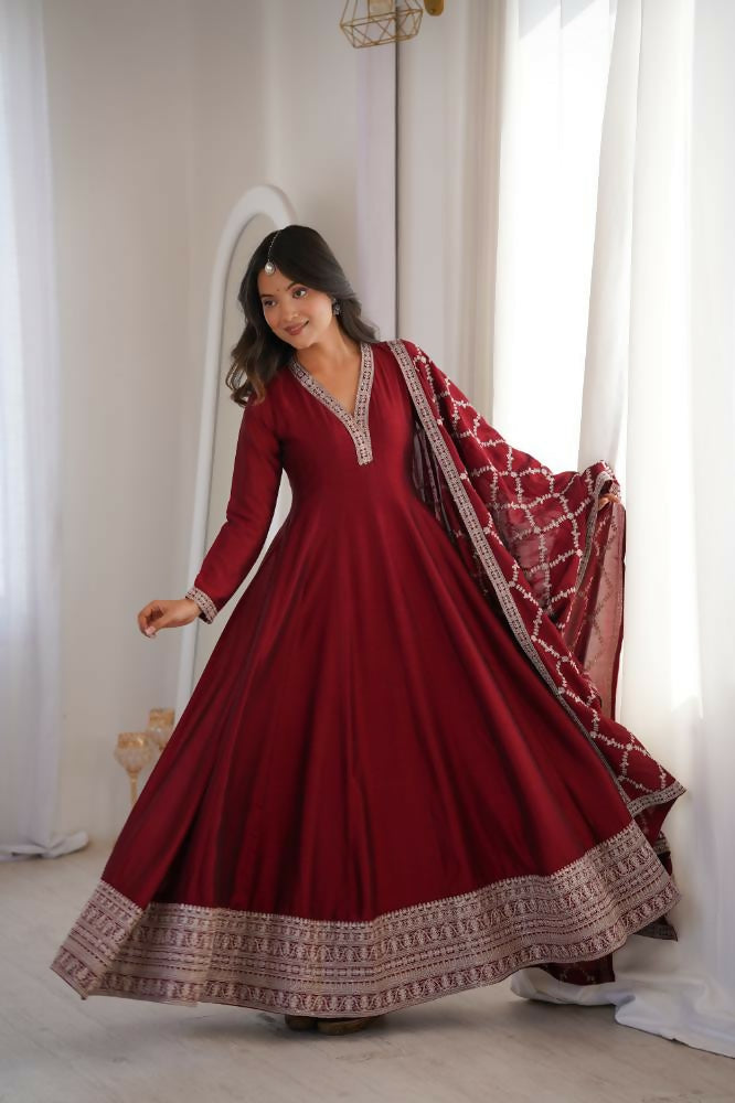Lehenga Mart Designer Anarkali Suit With Kurta, Dupatta For Women-Dark Maroon