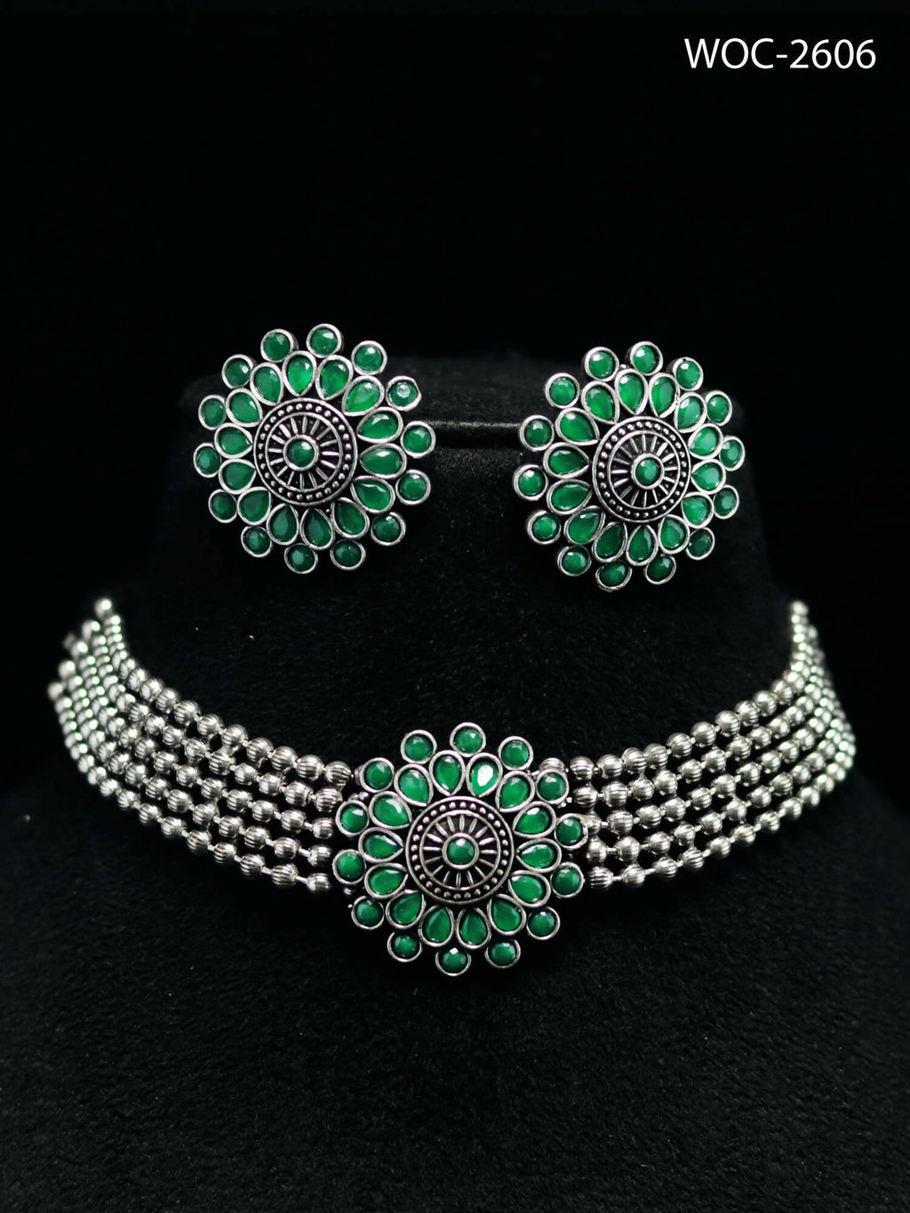 Mominos Fashion Johar Kamal Oxidised Silver-Plated Brass Finish Kundan Choker For Women (Green)
