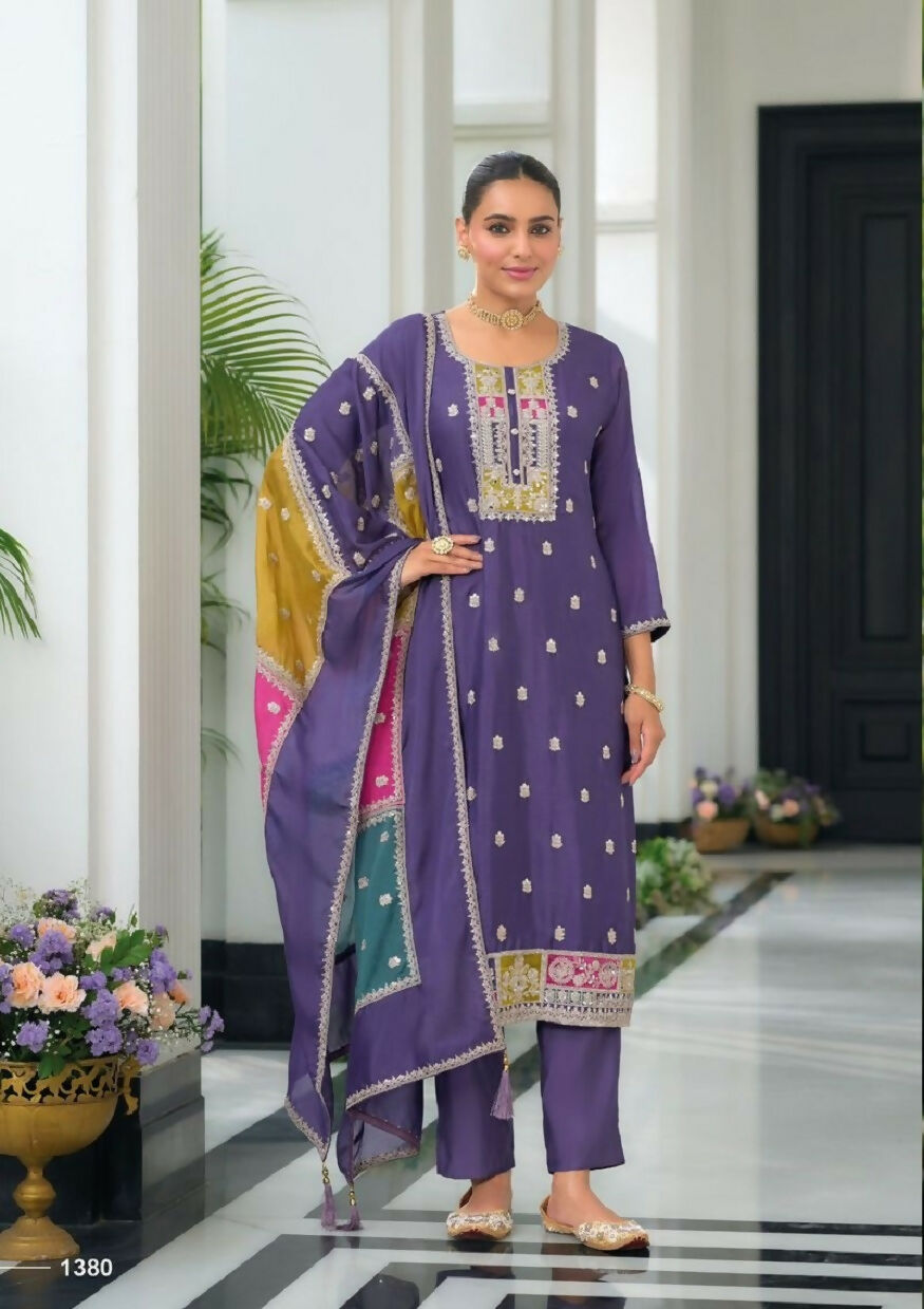 Teeya Creation Lavender Color Chinon Silk Embroidery Work Wedding Wear Designer Salwar Suit