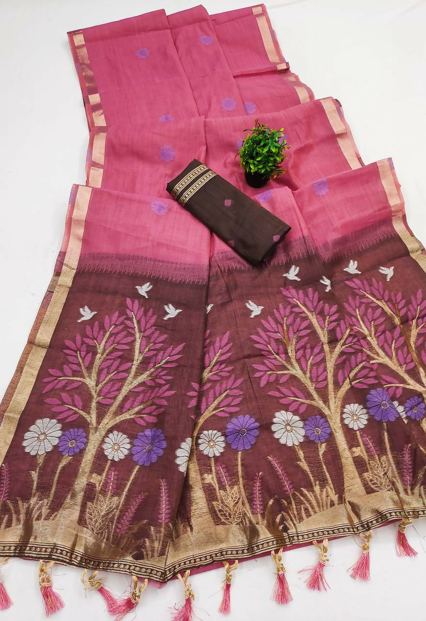 Vastranavya Pink Muga Cotton Meenakari & Azarakh Pallu Saree with Contrast Blouse