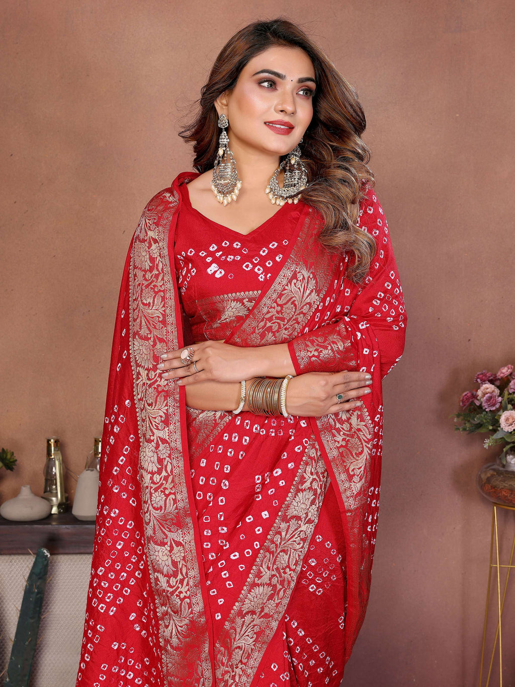 Aastha Fashion Red Pure Dola Silk Handmade Original Bandhej Saree