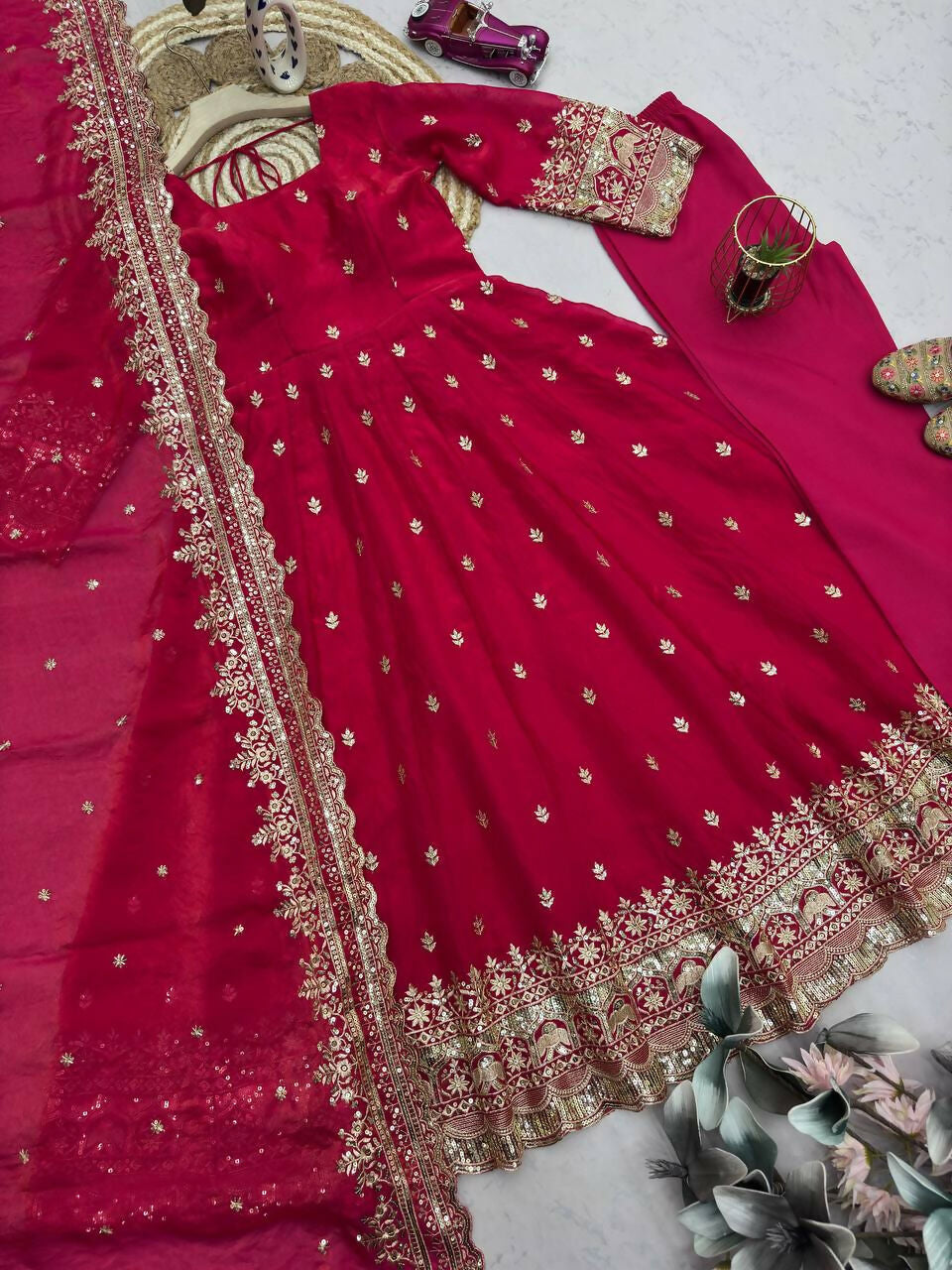 Teeya Creation Red Fendy Silk Designer Heavy Work Wedding Wear Long Gown