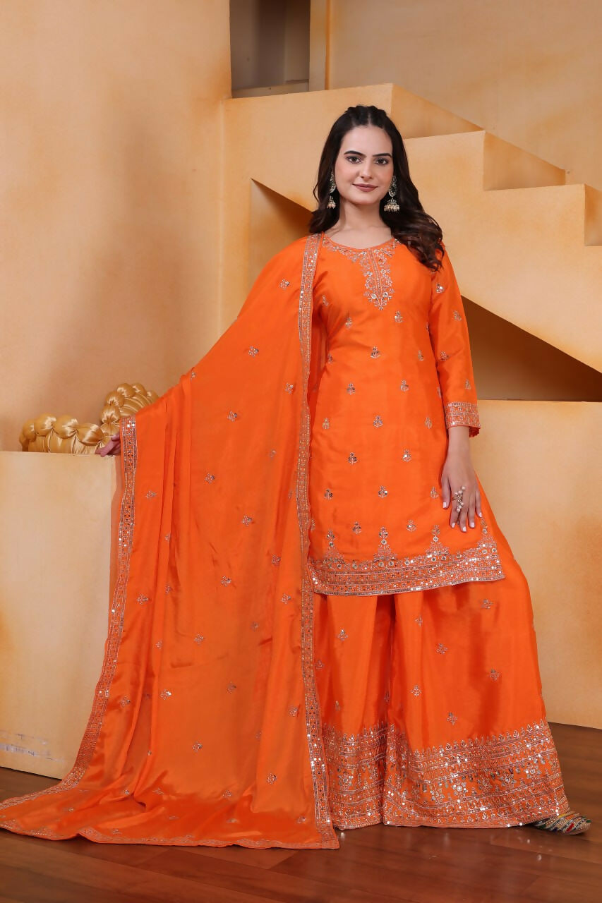 Joban Fashion Orange Silk Embroidered Sharara Set