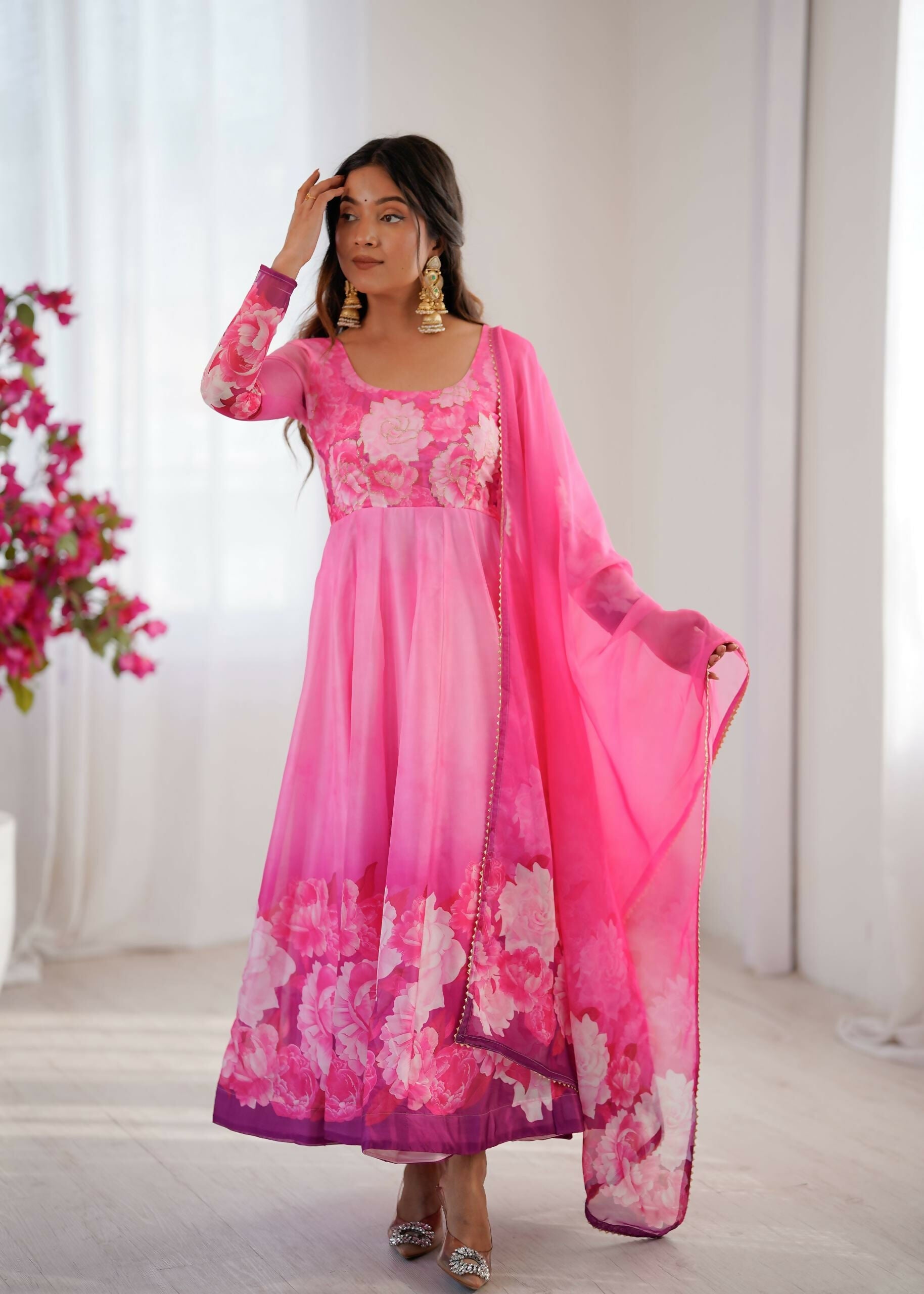 Teeya Creation Womens New Organza Soft Taby Silk Heavy Quality Fabric With Digital Print Pink Gown Set
