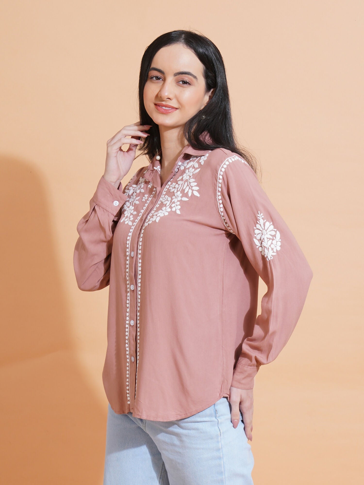 Pahnaz Modal Chikankari Handwork Shirt-Brown