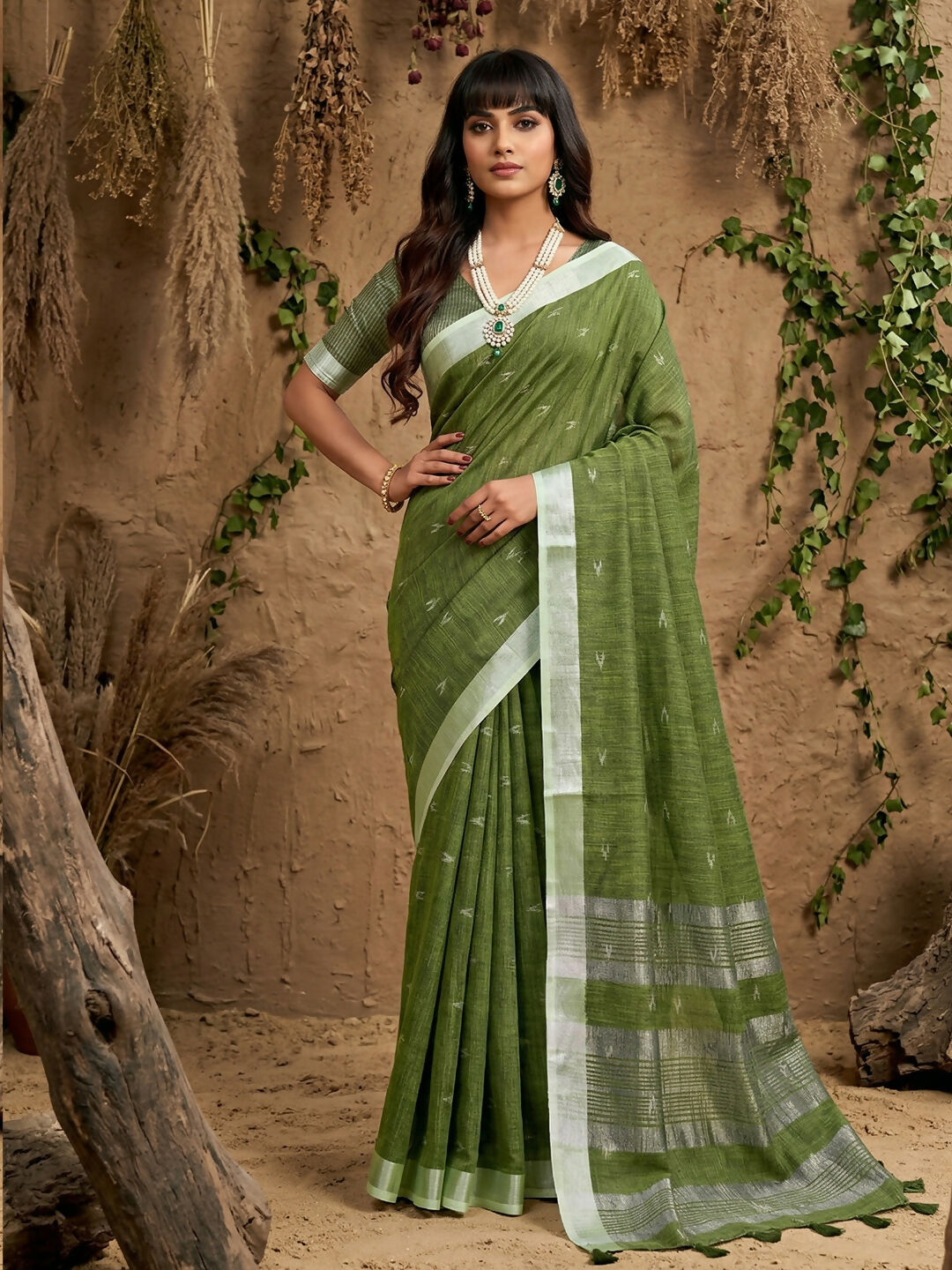 Shree Shyam Fashion Green Linen Cotton Saree