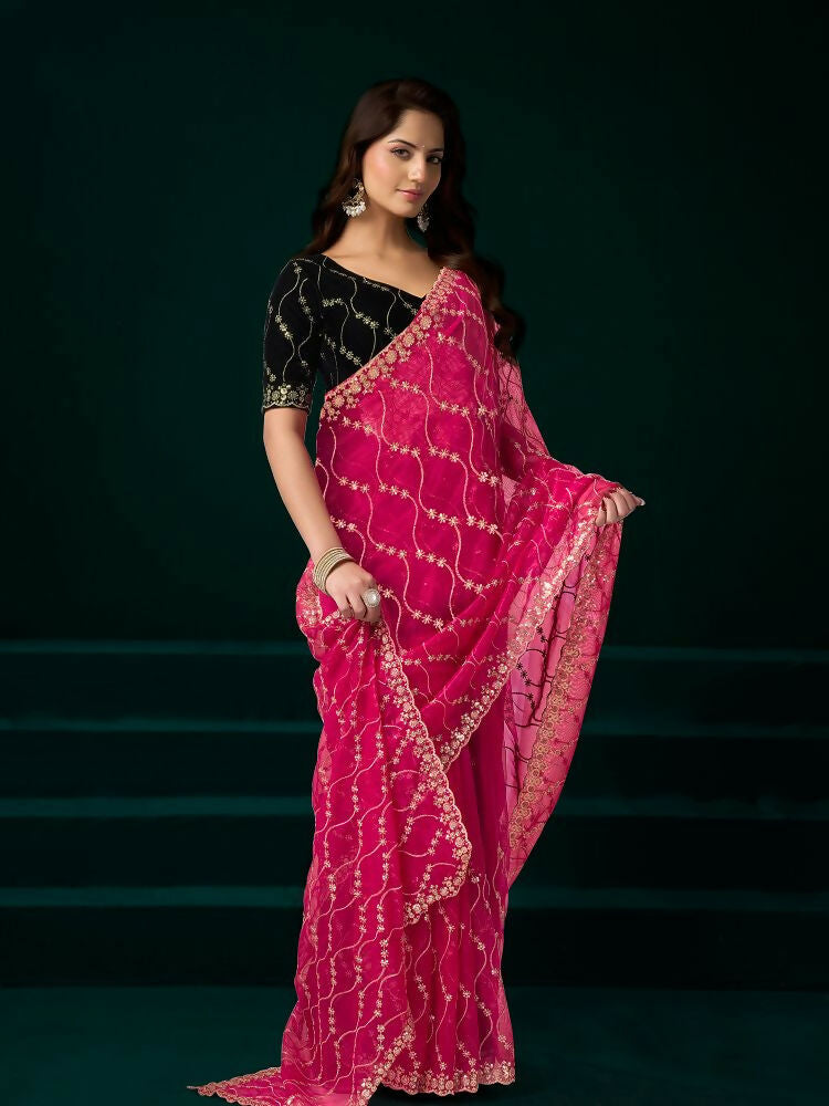 Joban Fashion Rani Pink Net Party Wear Sarees