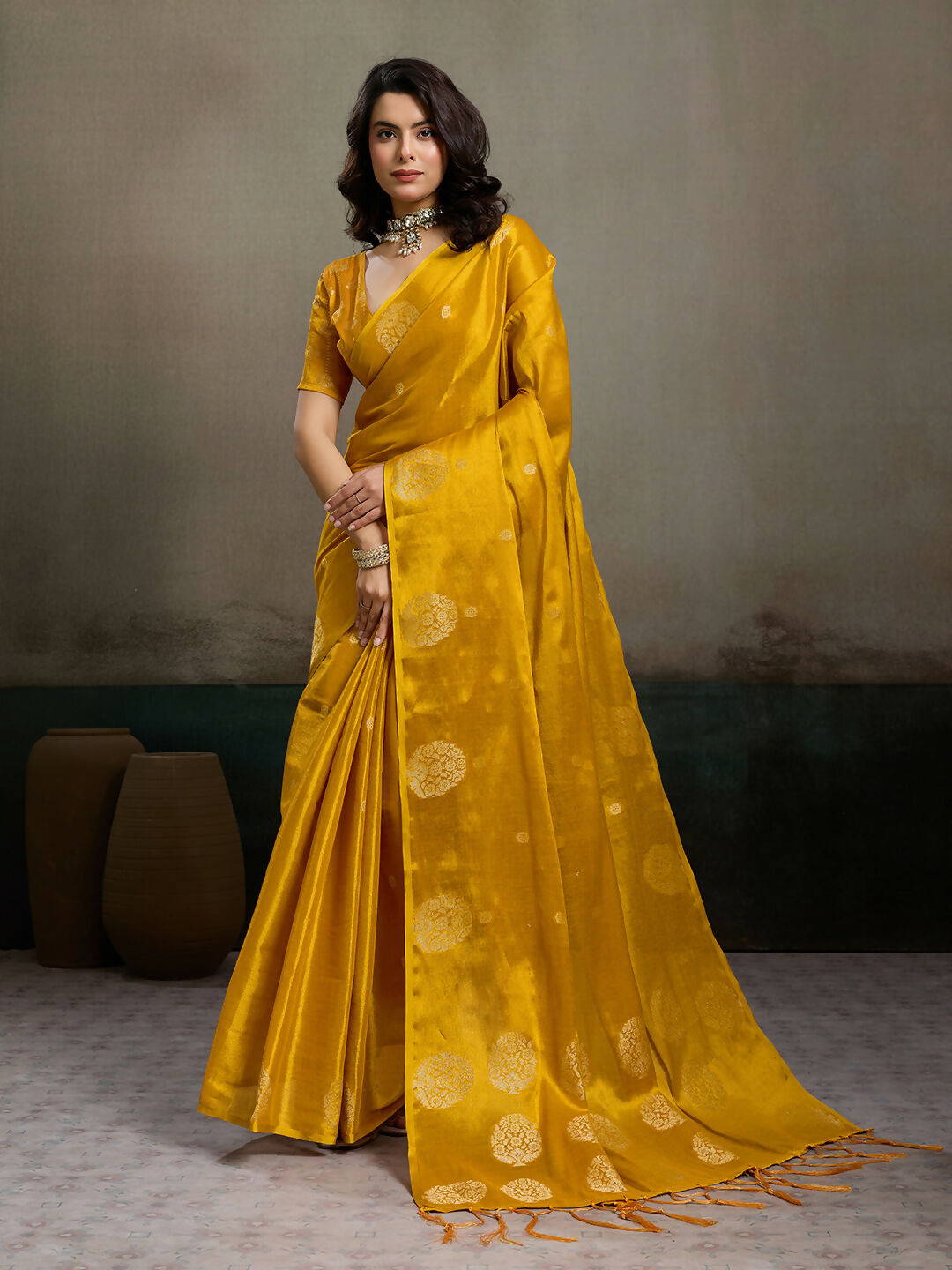 Shree Shyam Fashion Mustard Yellow Tissue Silk Saree