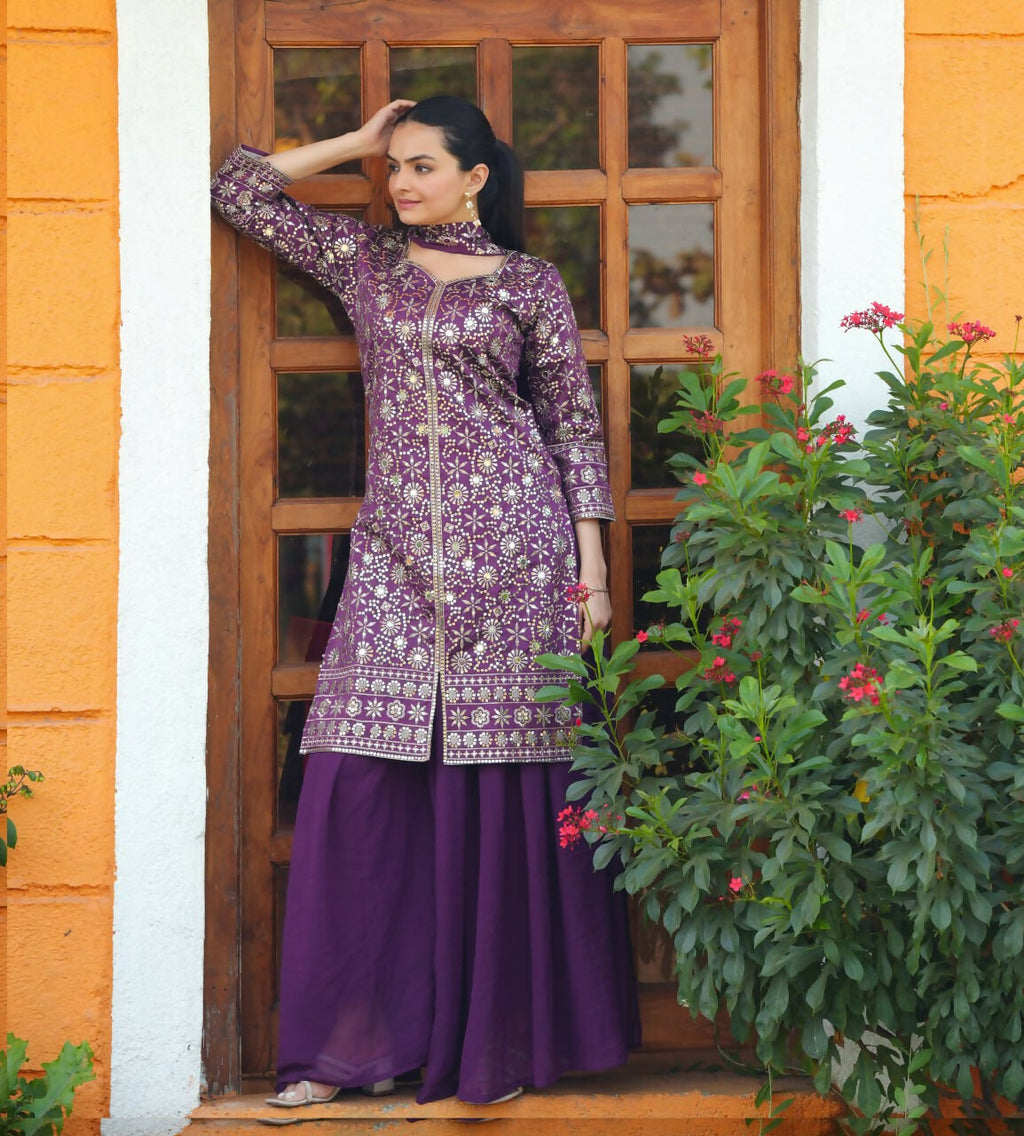 Teeya Creation Wine Color Tapeta Silk Embroidery Work Party Wear Palazzo Set