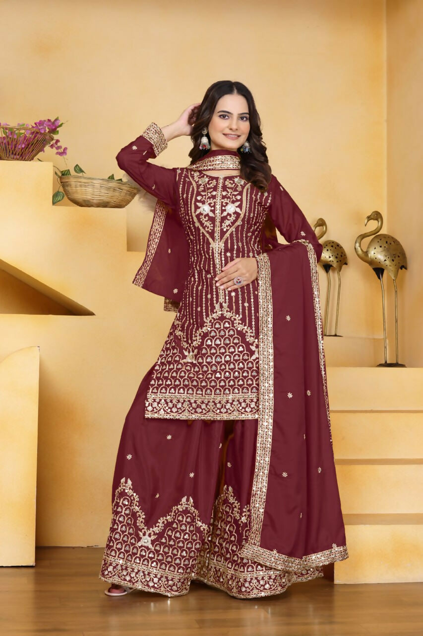 Teeya Creation Maroon Color Natural Crepe Silk Wedding Wear Trending Palazzo Set