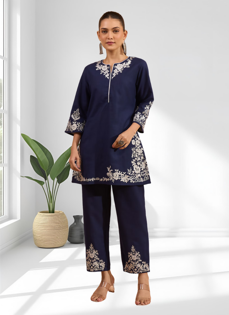 Joban Fashion Navy Blue Cotton, Linen Embroidered Readymade Cord Set