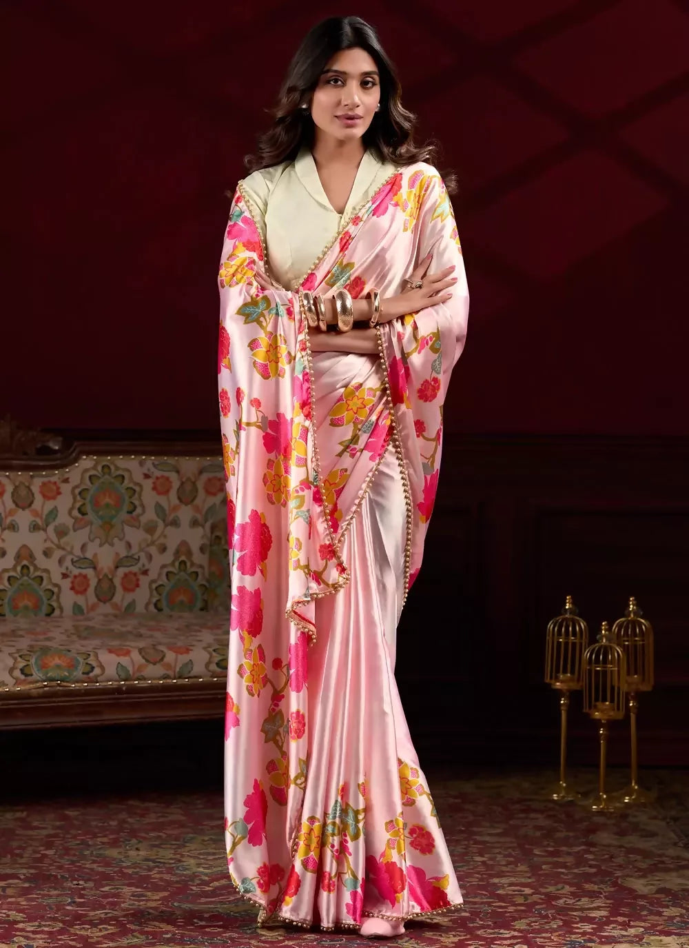Vastranavya Peach Satin Silk Floral Printed with Pearl Lace Saree with Unstitched Blouse