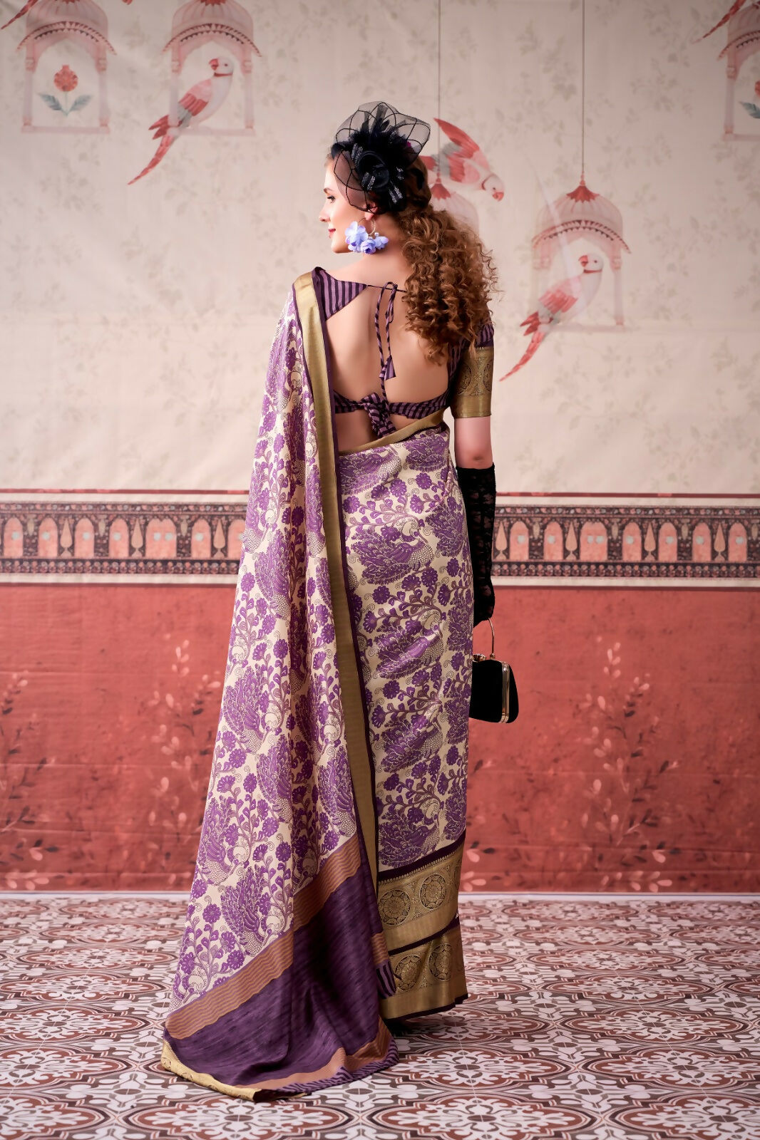 Vastranavya Lavender Tussar Silk Printed with Viscose Border Saree & Unstitched Blouse