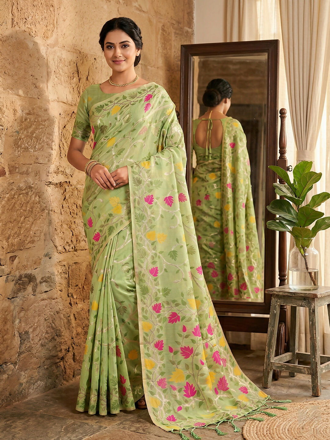 Shree Shyam Fashion Green Linen Cotton Saree