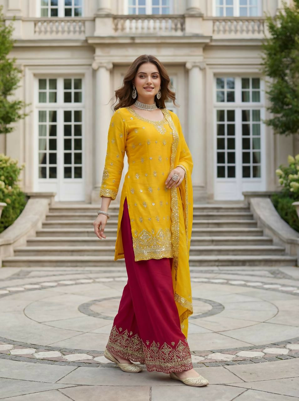 Joban Fashion Yellow Silk Embroidered Sharara Set