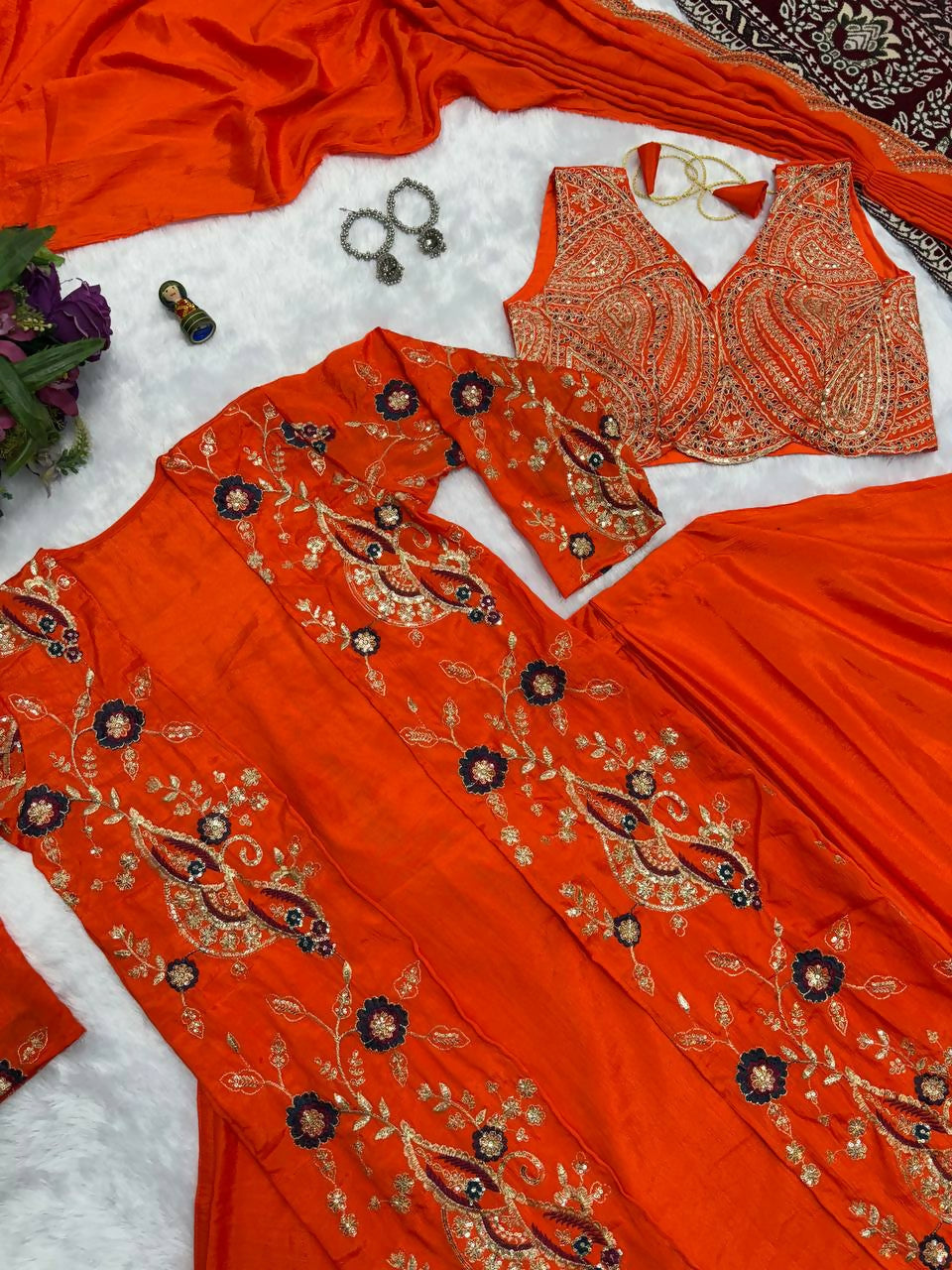 Teeya Creation Orange Color Chinon Silk Designer Embroidery Work Ready To Wear Saree With Koti