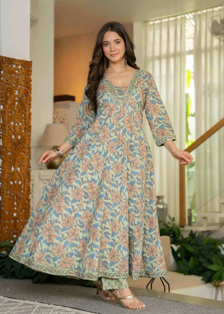 Jaimini Women Cotton Printed V-Neck 3/4 Sleeves Calf Length Flared Kurta Pant And Dupatta Set