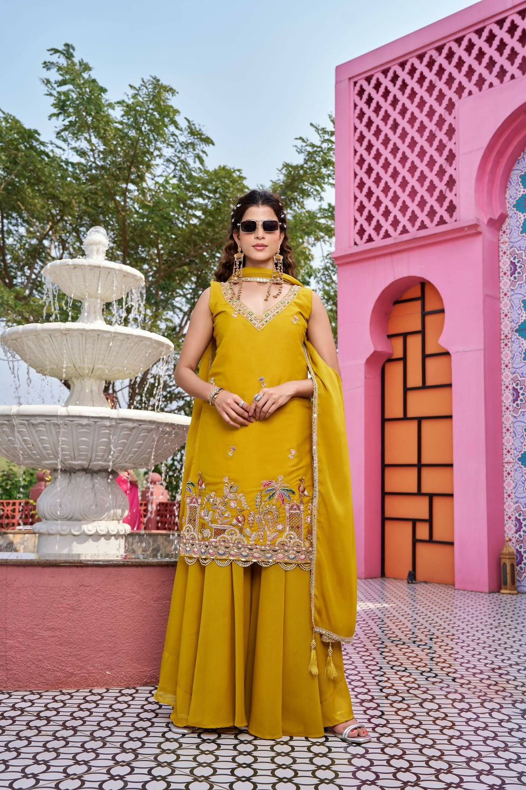 Teeya Creation Womens New Stylish Moti Beads With Cording Sequence Thread Embroidery Work Yellow Kurta Set
