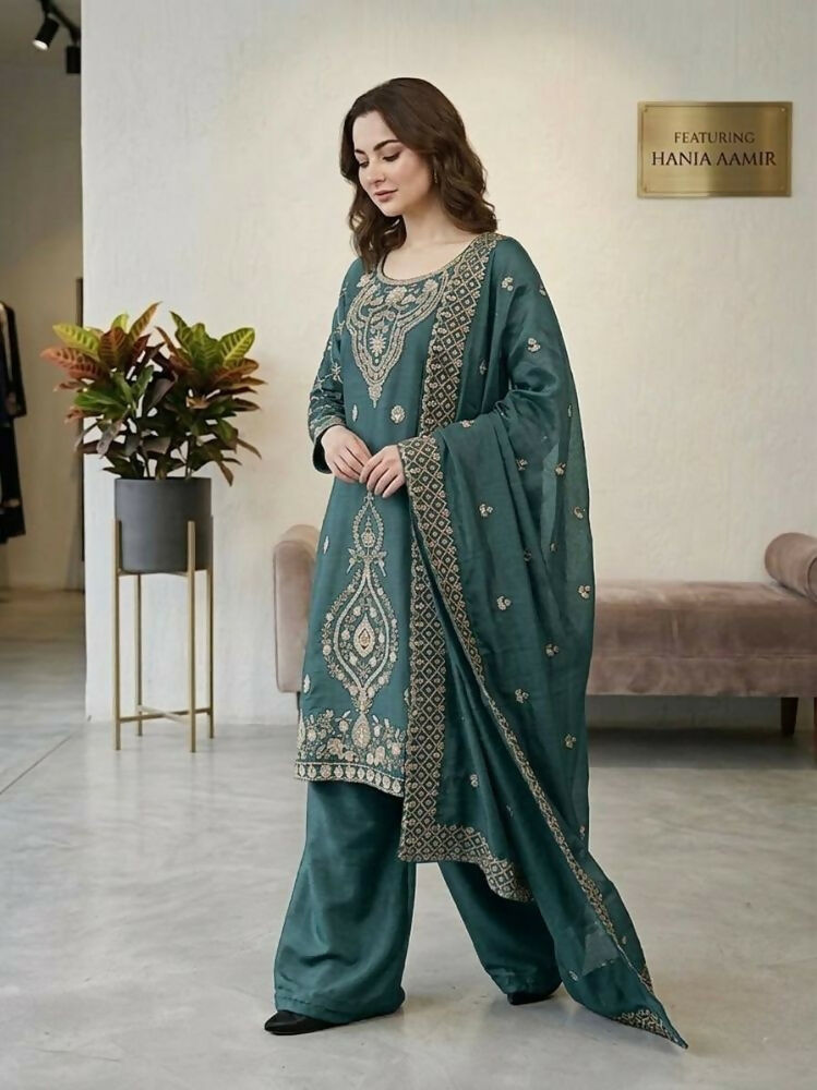 Teeya Creation Teal Color Gimmychu Silk Embroidery Work Wedding Wear Salwar Suit