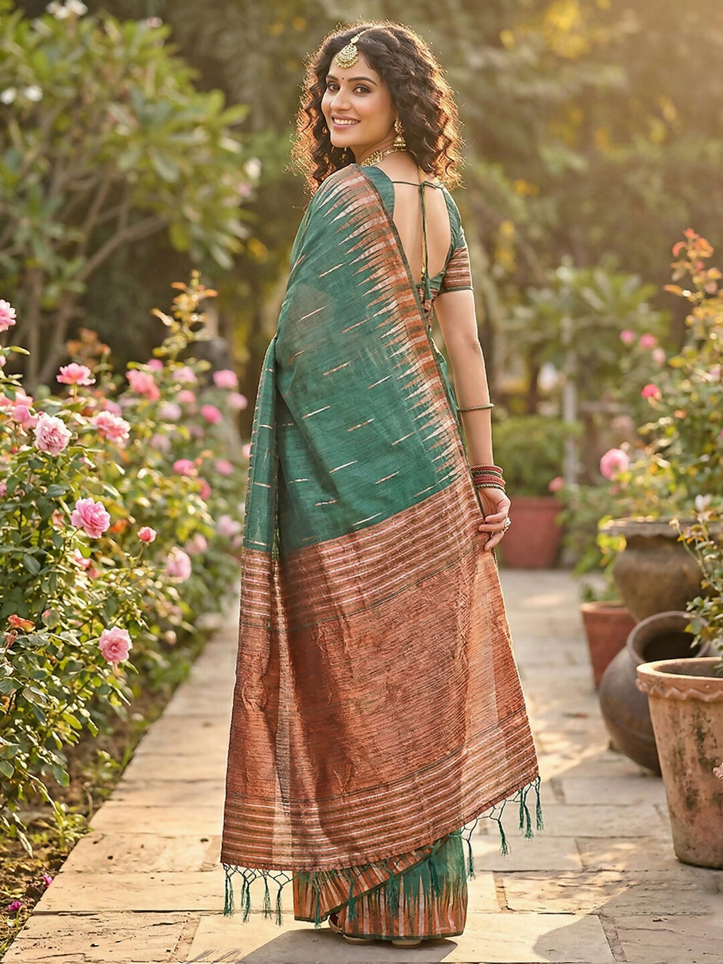Shree Shyam Fashion Green Linen Cotton Saree