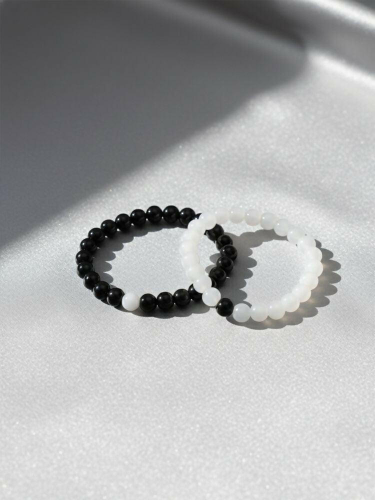 NVR Set of 2 Black & White crystal beaded Bracelet for Men & Women