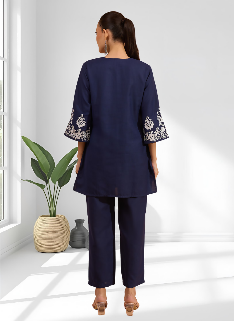 Joban Fashion Navy Blue Cotton, Linen Embroidered Readymade Cord Set