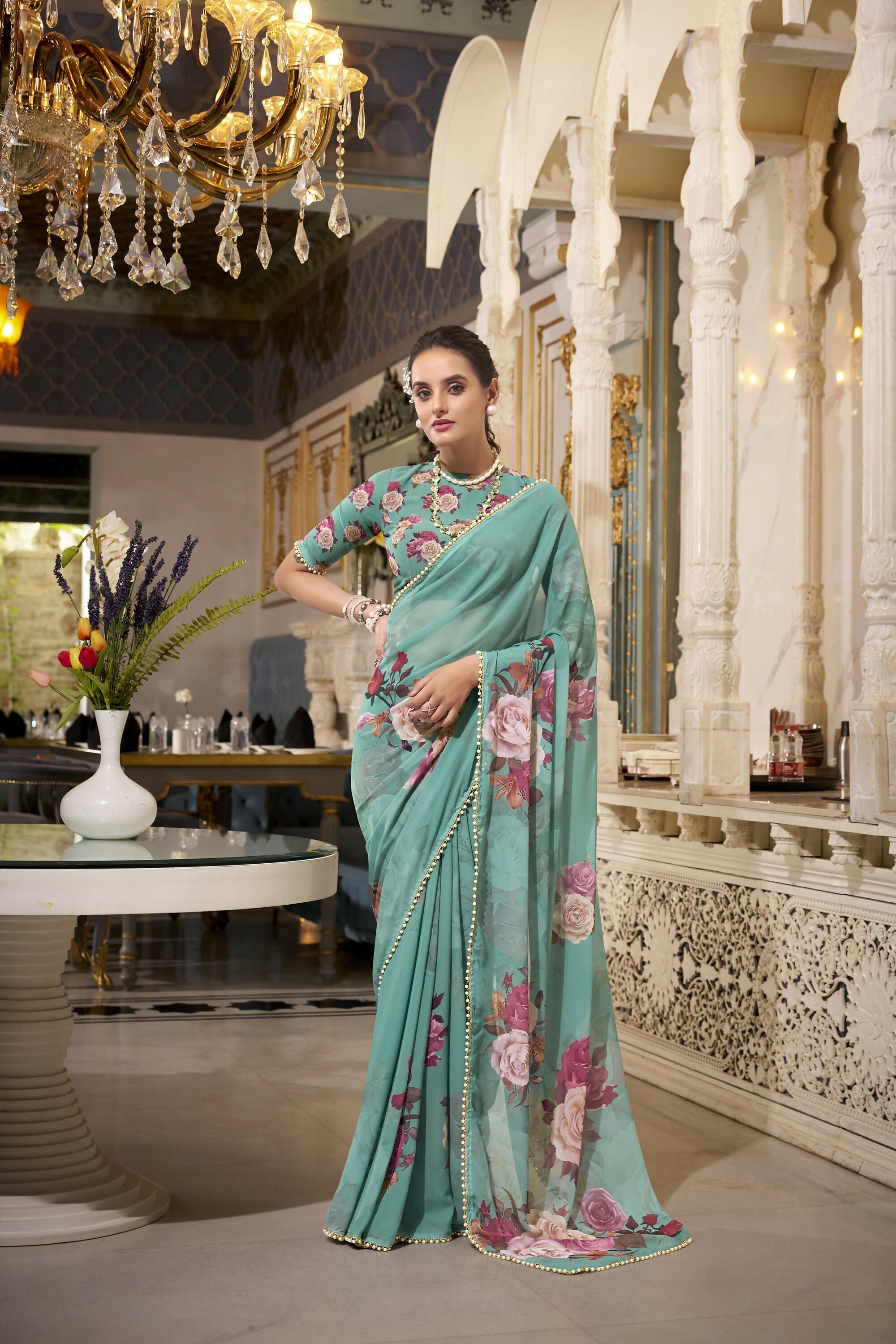 Vastranavya Green Spectacular Georgette Printed with Pearl Lace Saree with Unstitched Blouse