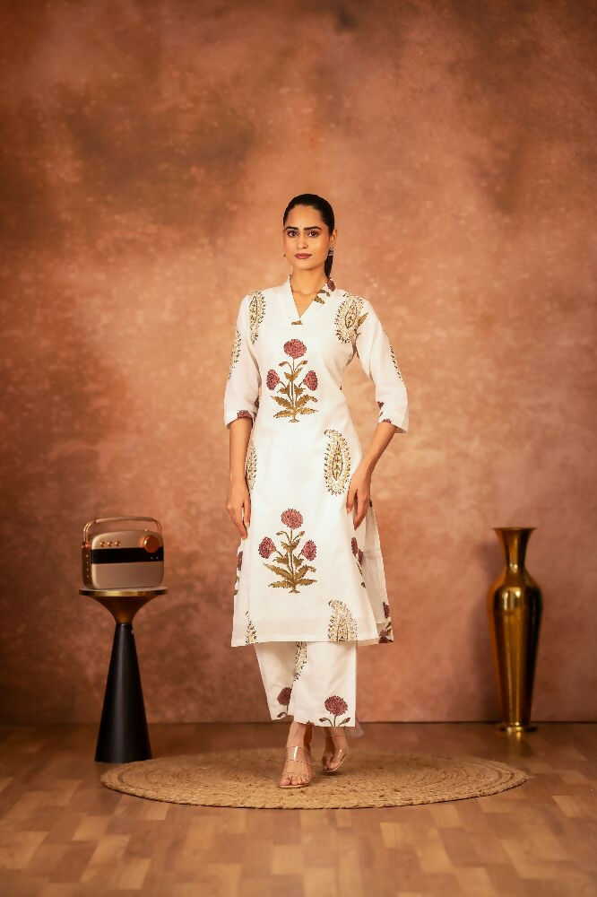 Joban Fashion Off White Red Floral Hand Block Printed Cotton Kurta Pant Set