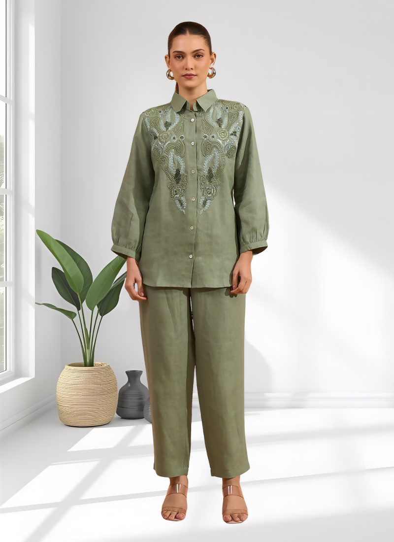 Joban Fashion Pista Green Linen Embroidered Readymade Cord Set