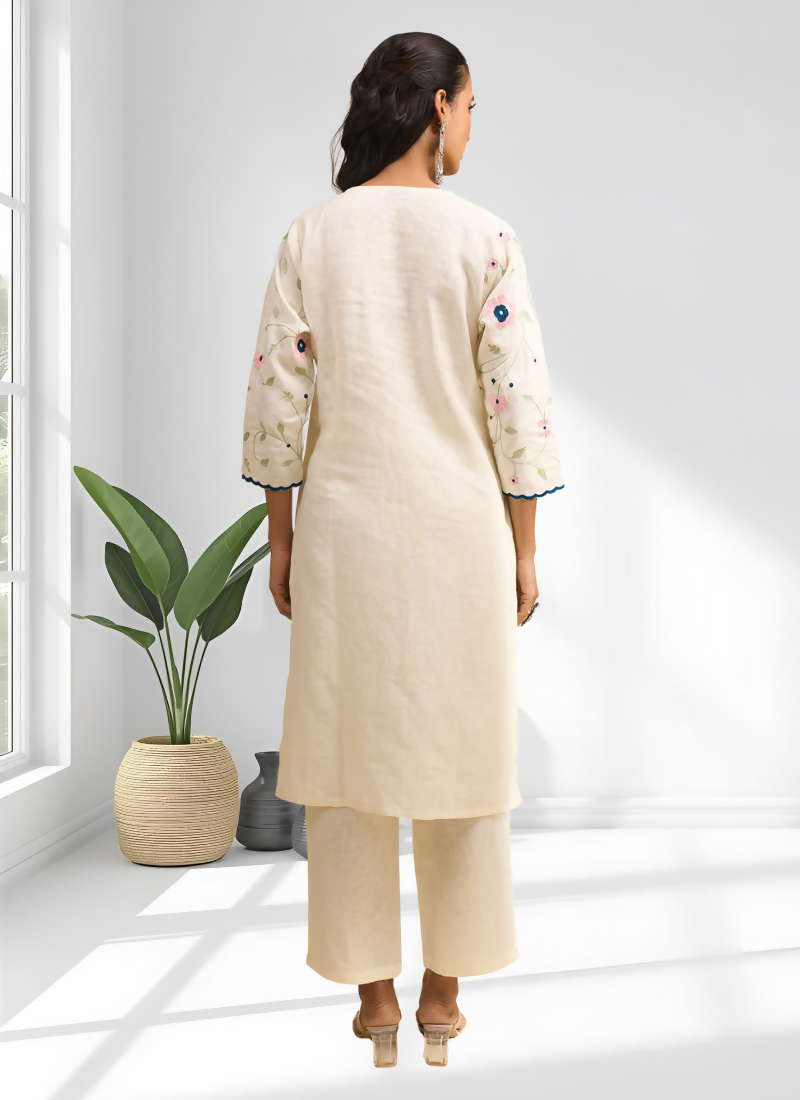 Joban Fashion Cream Linen Embroidered Readymade Long Kurta With Pant