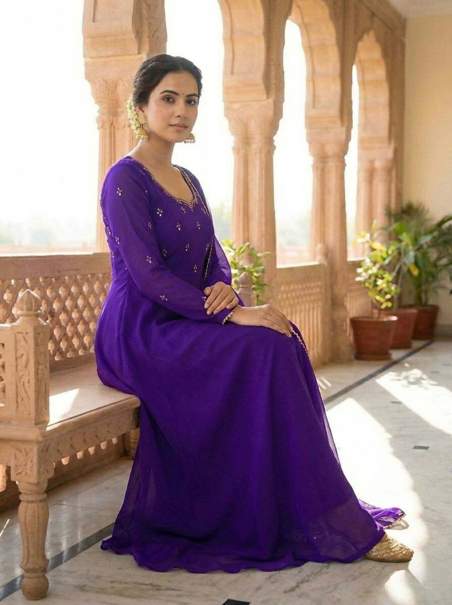 Teeya Creation Womens New Fancy Fox Georgette Heavy Quality Fabricw With Handwork Purple Gown Set