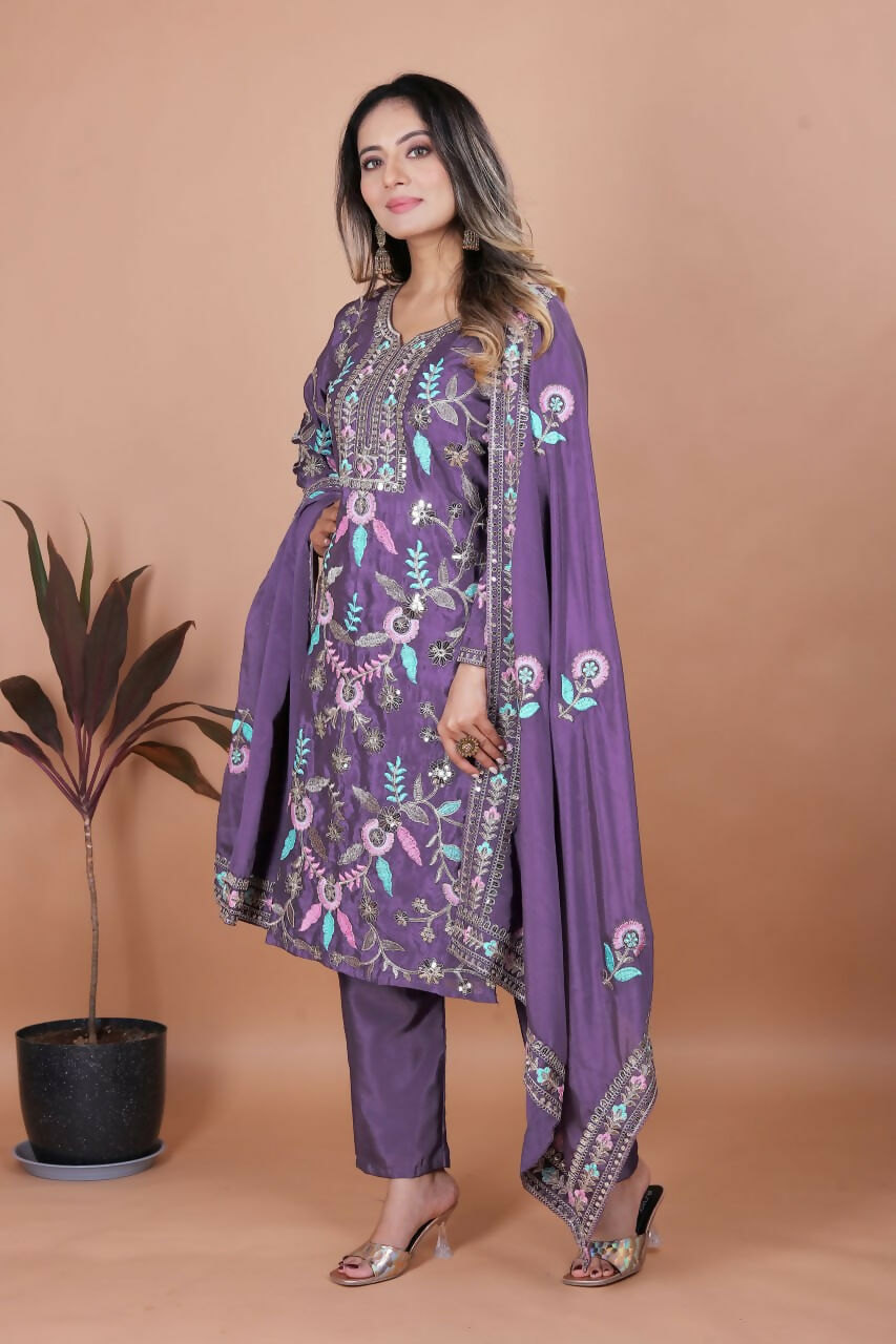 Teeya Creation Lavender Chinon Embroidery Work Party Wear Salwar Suit