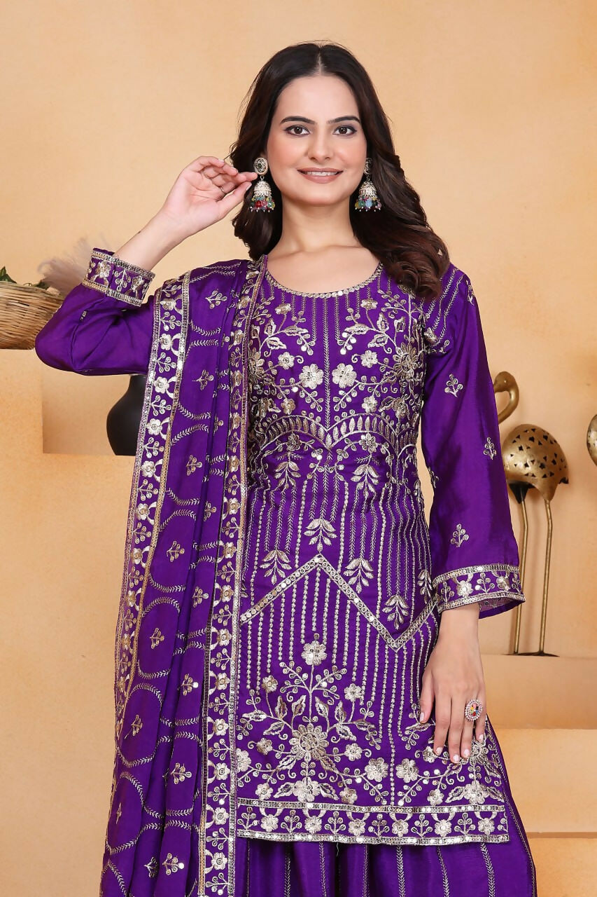Teeya Creation Purple Color Chinon Silk Embroidery Work Wedding Wear Palazzo Set