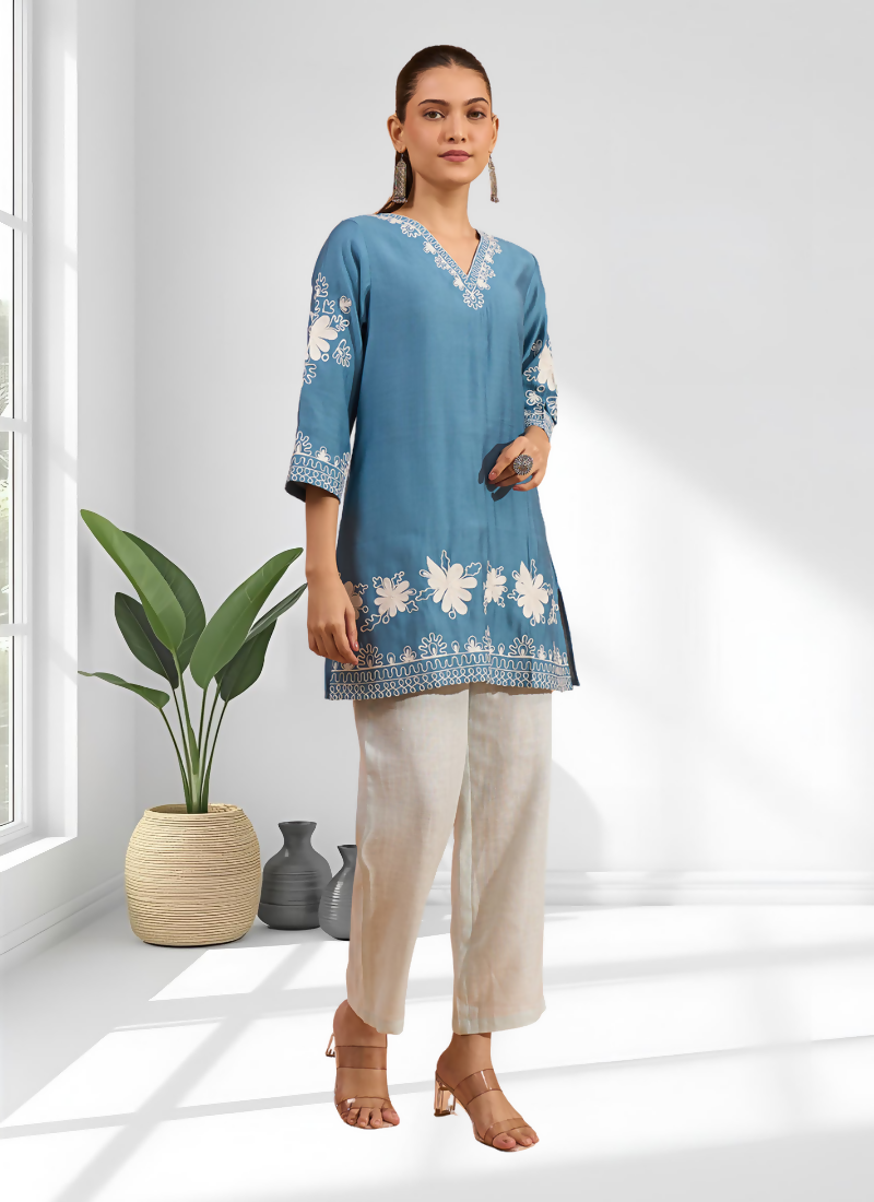 Joban Fashion Teal Silk Embroidered Readymade Tunic