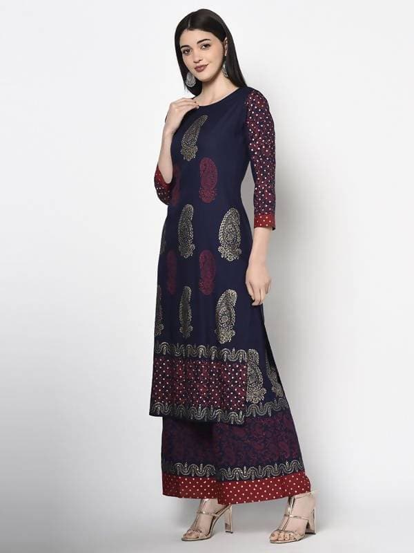 Aniyah Rayon Navy Blue Color Block Print Straight Kurta Palazzo Set (AN-179K)