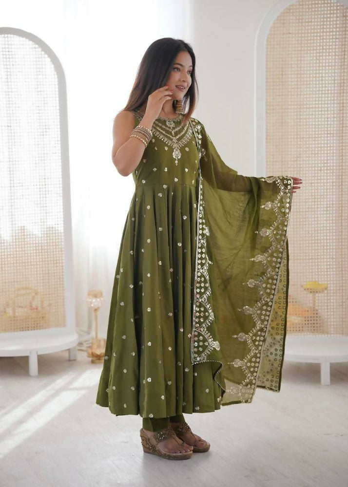 Teeya Creation Green Color Roman Silk Embroidery Work Party Wear Gown