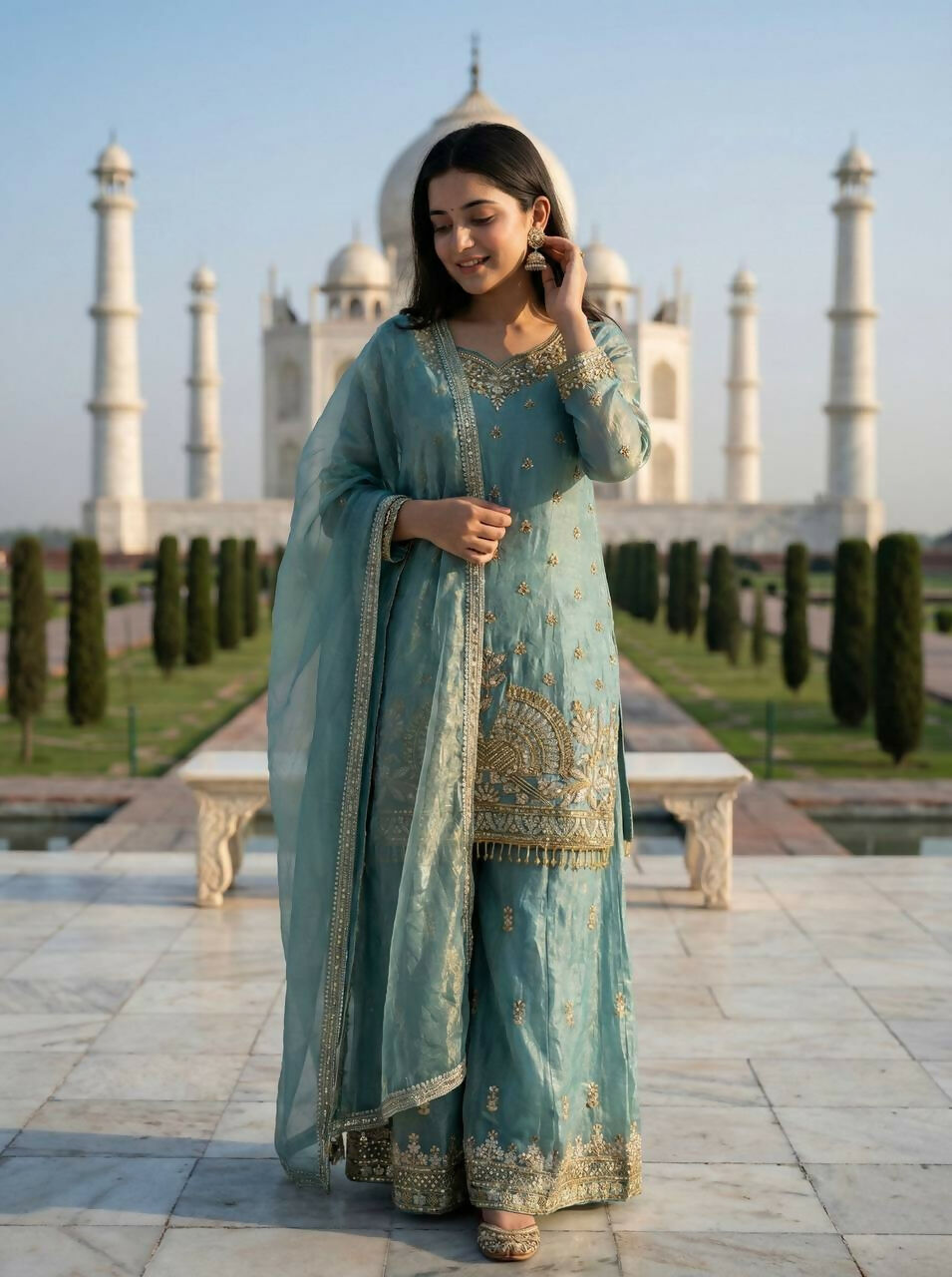 Teeya Creation Teal Fendy Silk Heavy Embroidery Work Party Wear Palazzo Suit