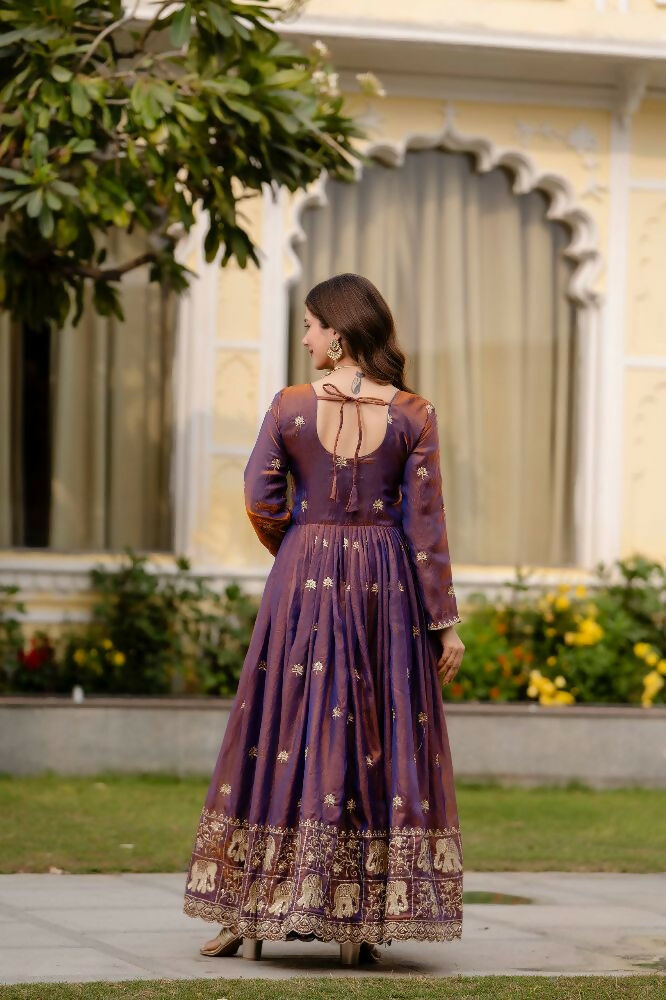 Teeya Creation Wine Primium Fendy Satin Silk Embroidery Work Wedding Wear Gown