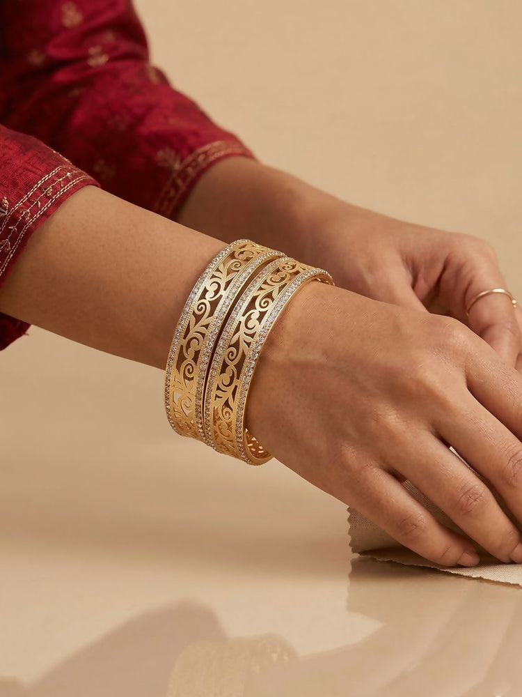 NVR Women Set of 2 Gold Plated CZ Stone Kada Bangle