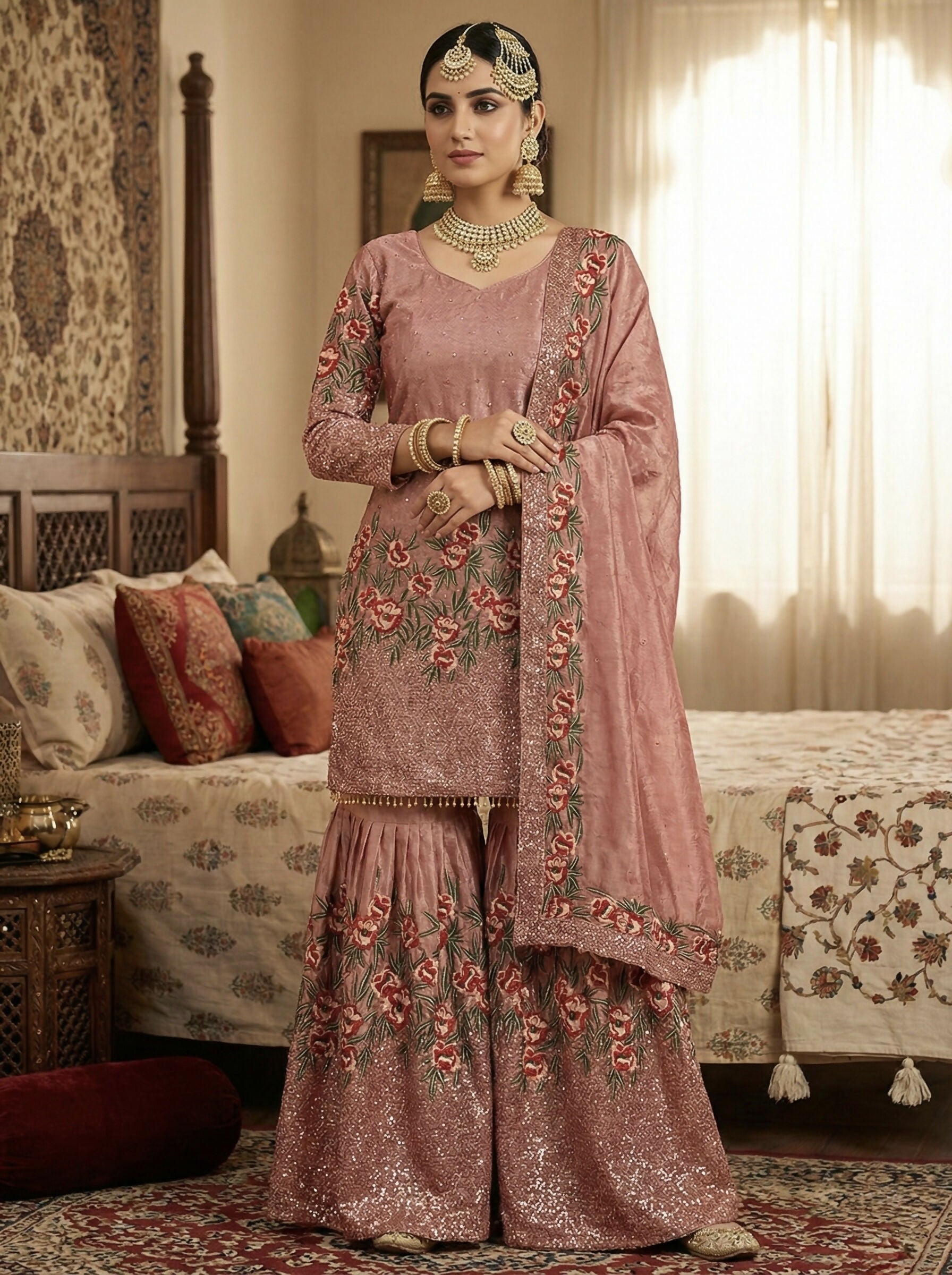 Teeya Creation Peach Fendy Silk Heavy Embroidery Work Party Wear Sharara Suit