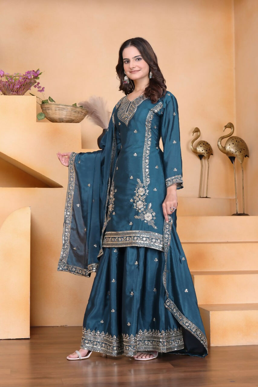 Teeya Creation Teal Color Chinon Silk Wedding Wear Trending Palazzo Set