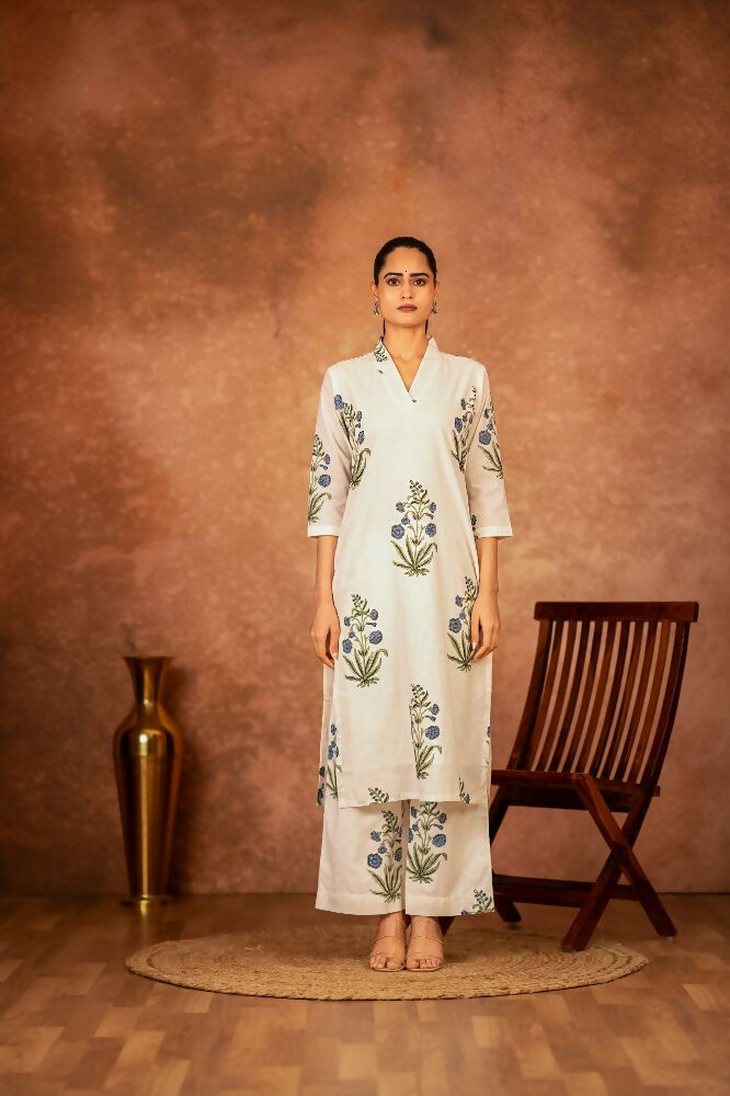 Joban Fashion Off White Blue Hand Block Printed Cotton Suit Set