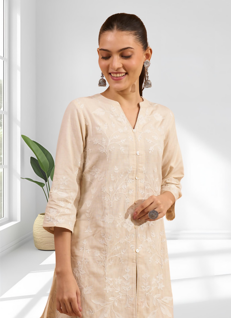 Joban Fashion Cream Linen Embroidered Readymade Cord Set