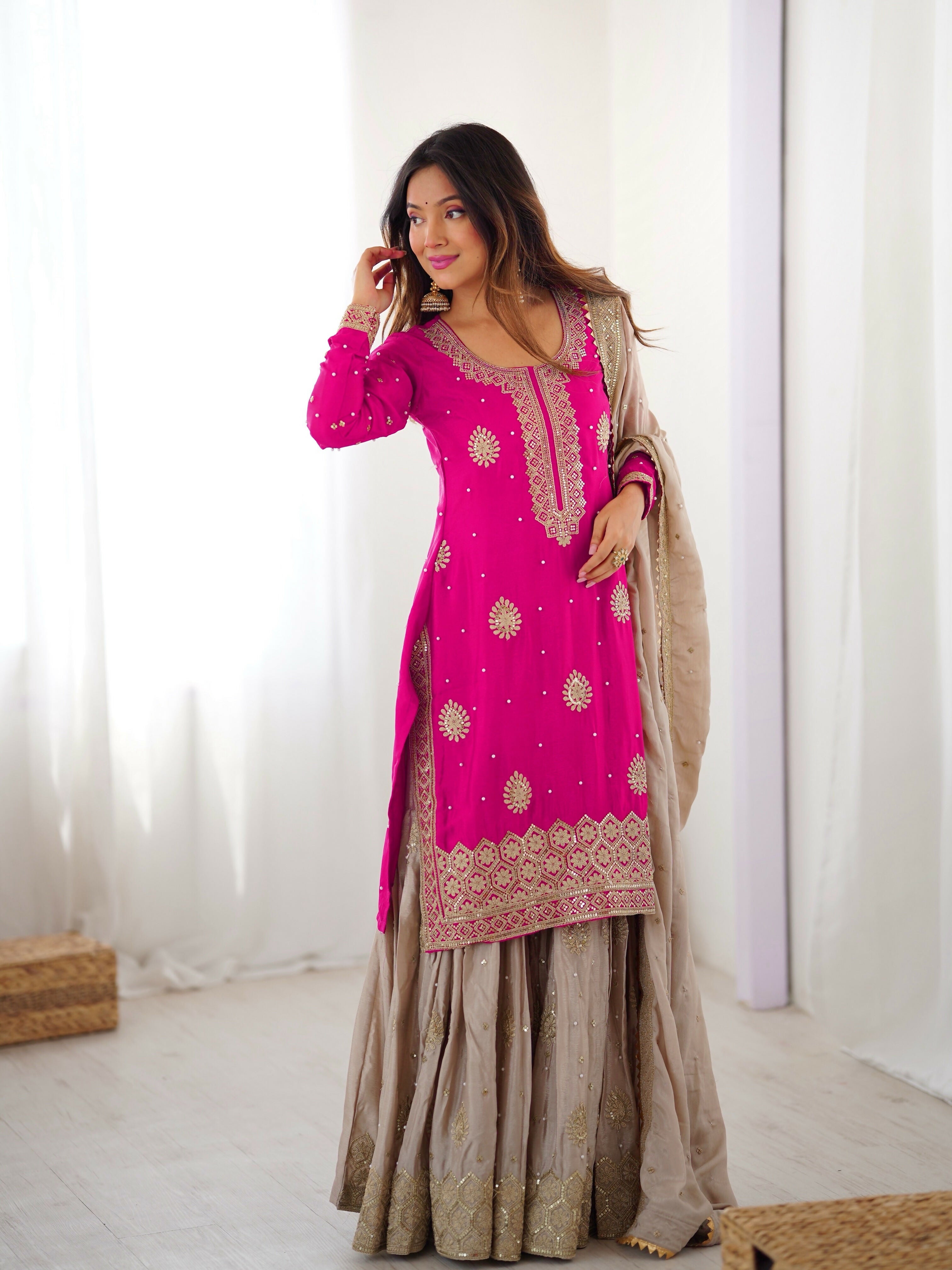Lehenga Mart Designer Sharara Suit With Kurta, Sharara, Dupatta For Women-Pink
