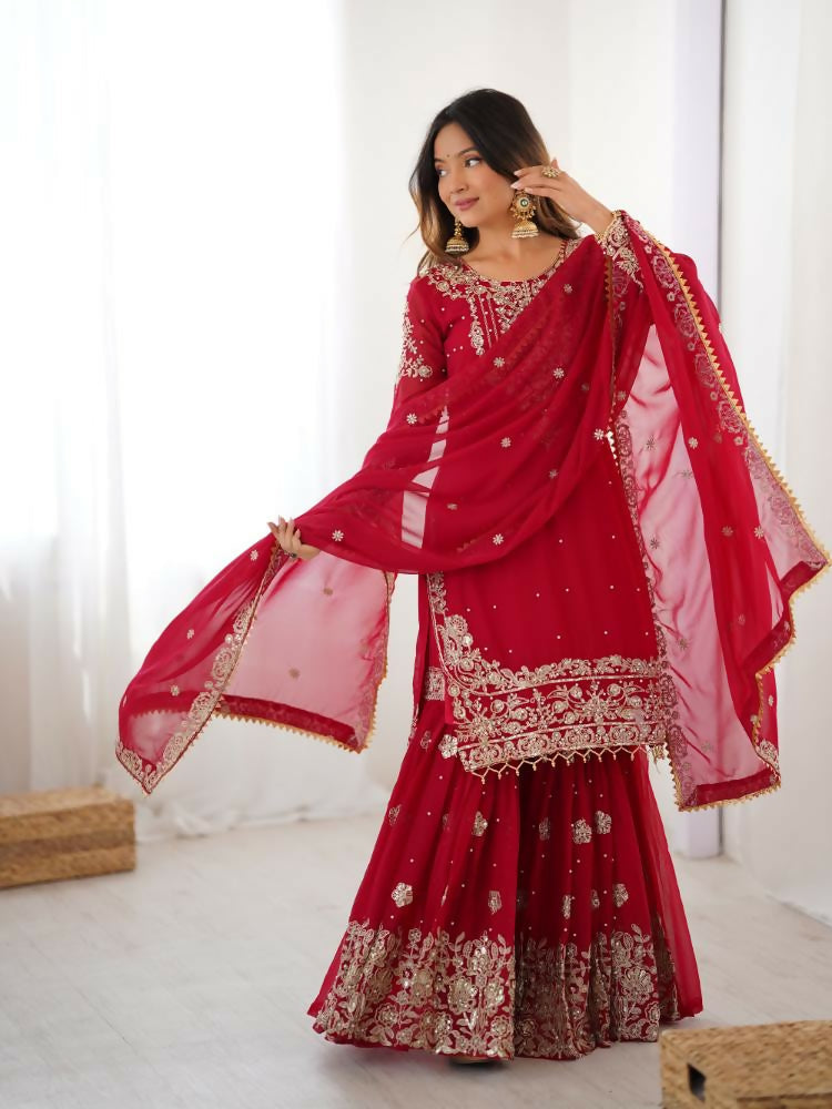 Lehenga Mart Designer Sharara Suit With Kurta, Sharara, Dupatta For Women-Red