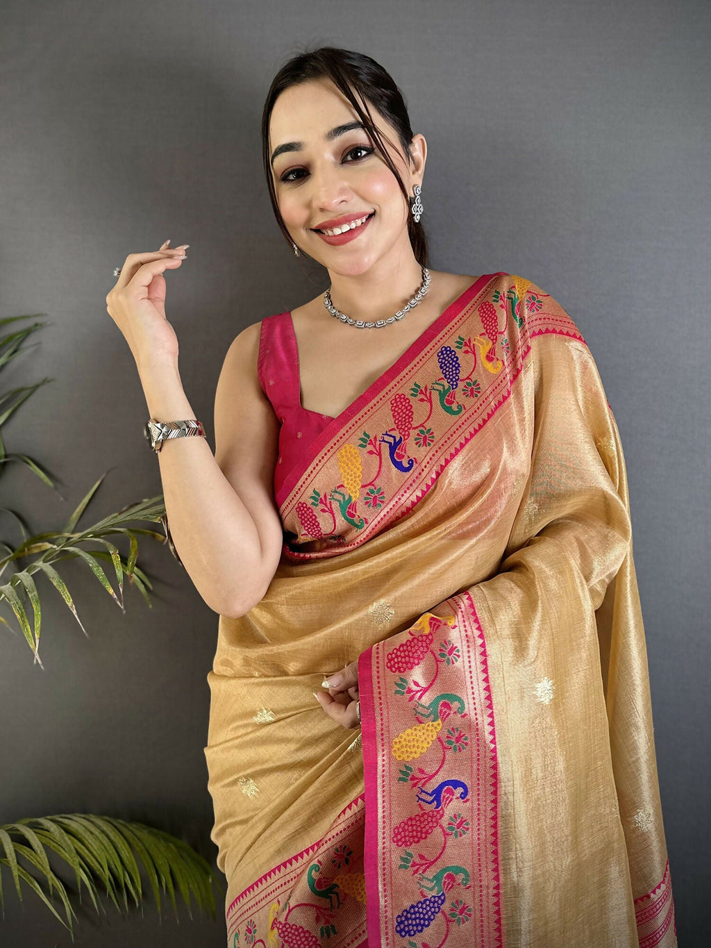 Joban Fashion Beige Zari Weaving Tissue Paithani Saree