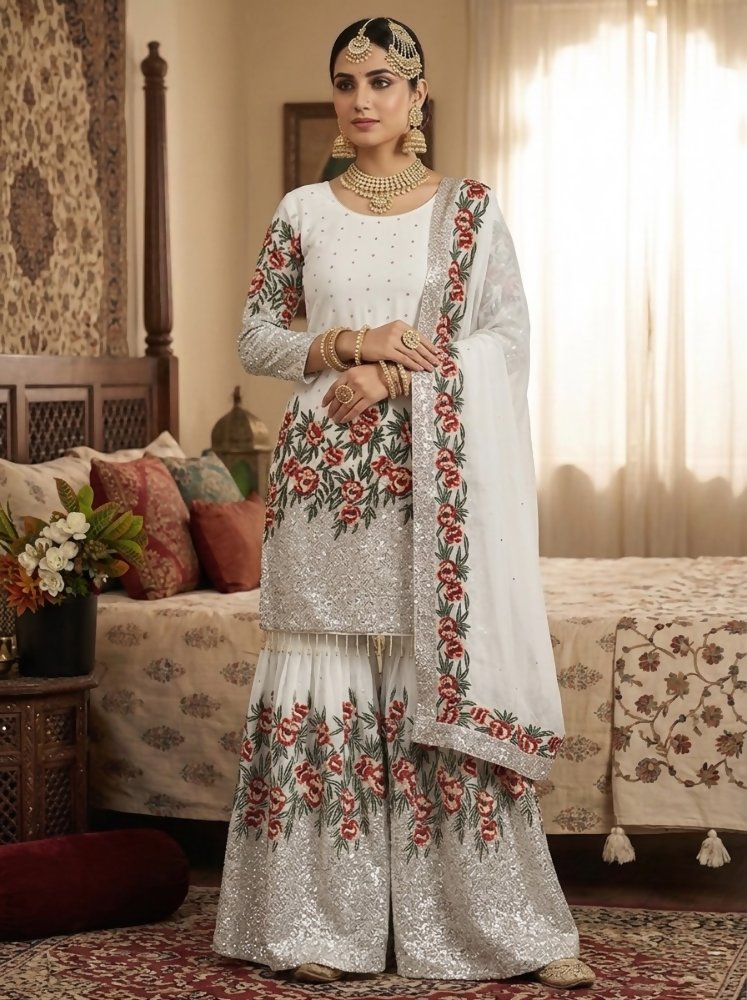 Teeya Creation White Fendy Silk Heavy Embroidery Work Party Wear Sharara Suit